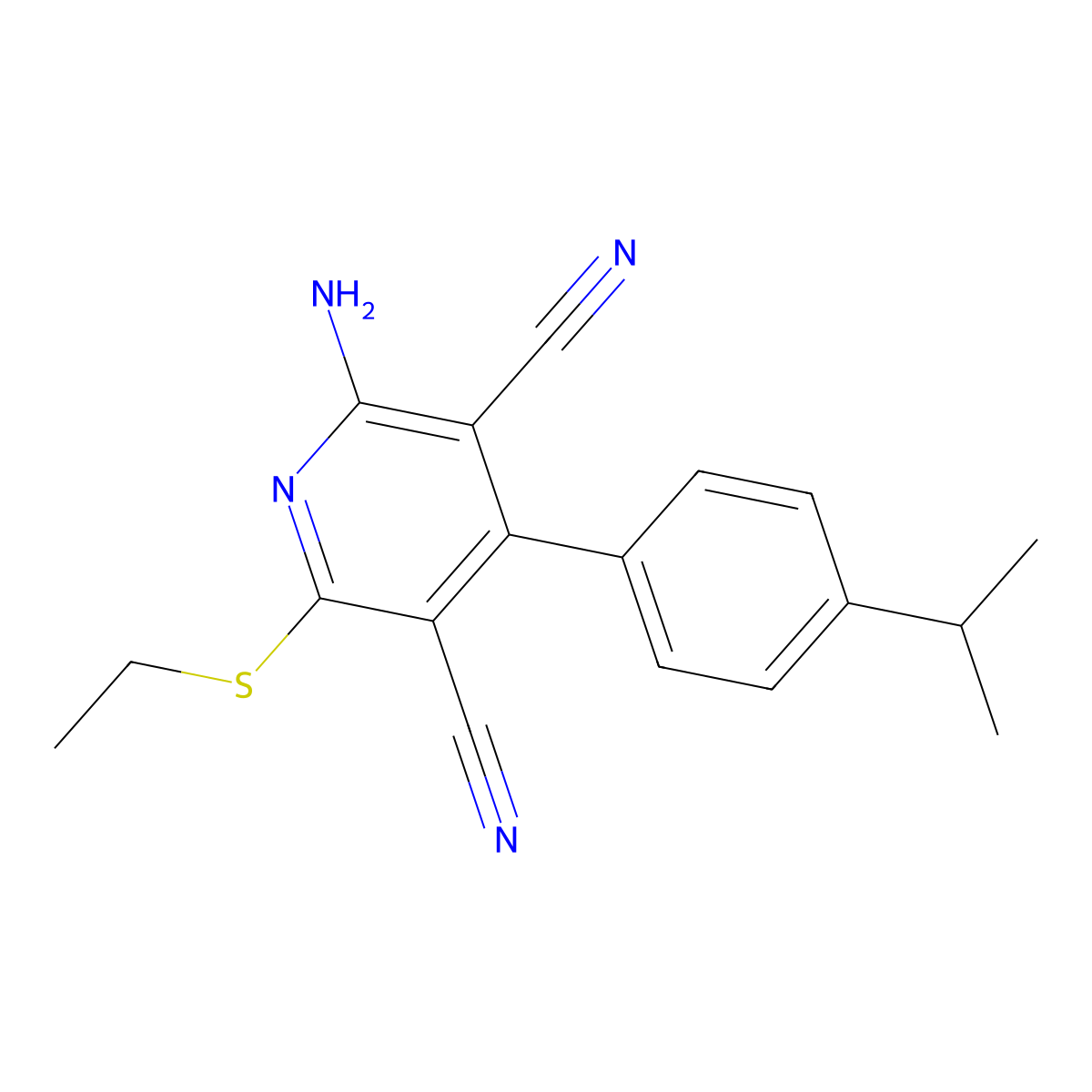 2-Amino-6-ethylsulfanyl-4-(4-propan-2-ylphenyl)pyridine-3,5-dicarbonitrile molecular structure, CAS 375838-44-1