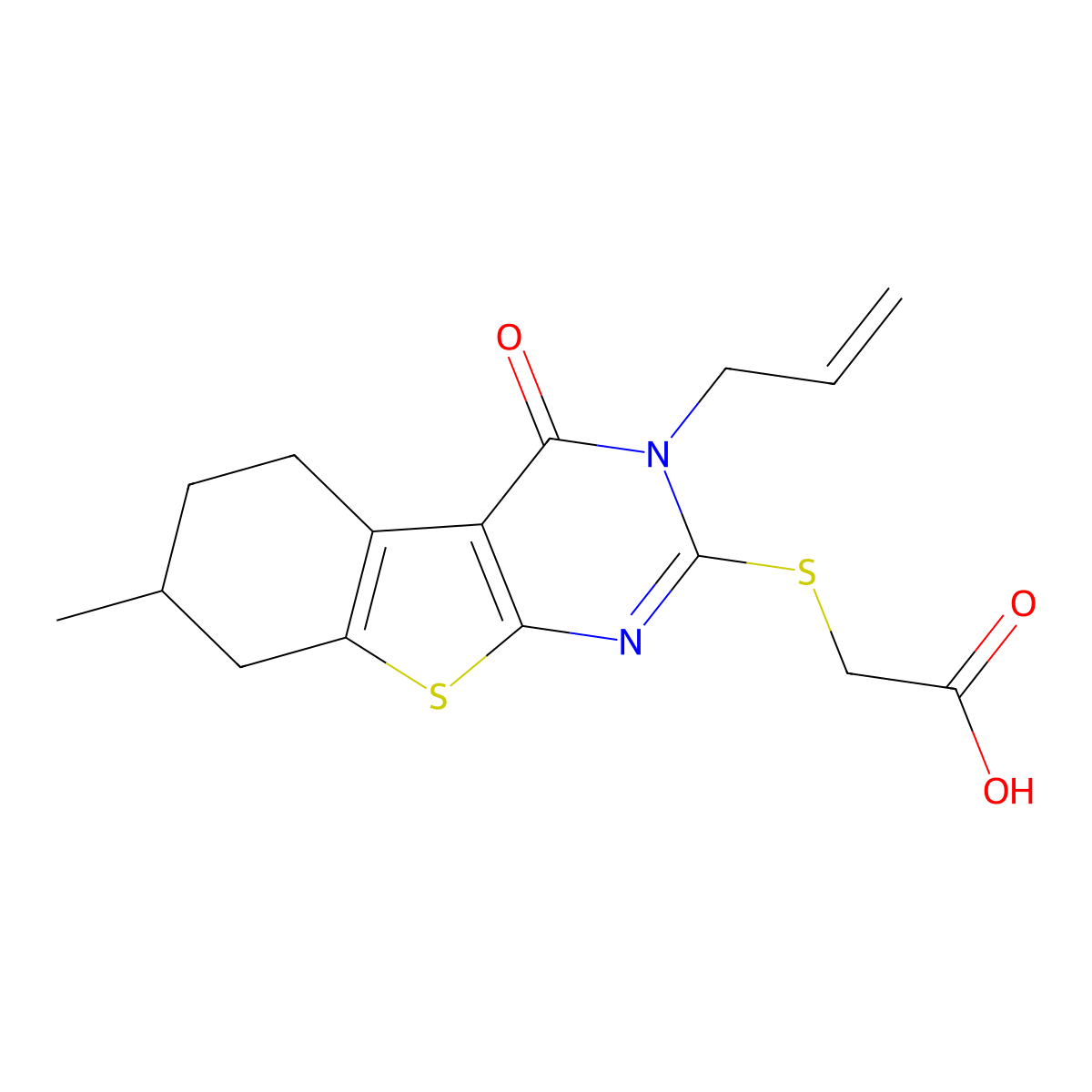 2-[(7-Methyl-4-oxo-3-prop-2-enyl-5,6,7,8-tetrahydro-[1]benzothiolo[2,3-d]pyrimidin-2-yl)sulfanyl]acetic acid molecular structure, CAS 375839-23-9