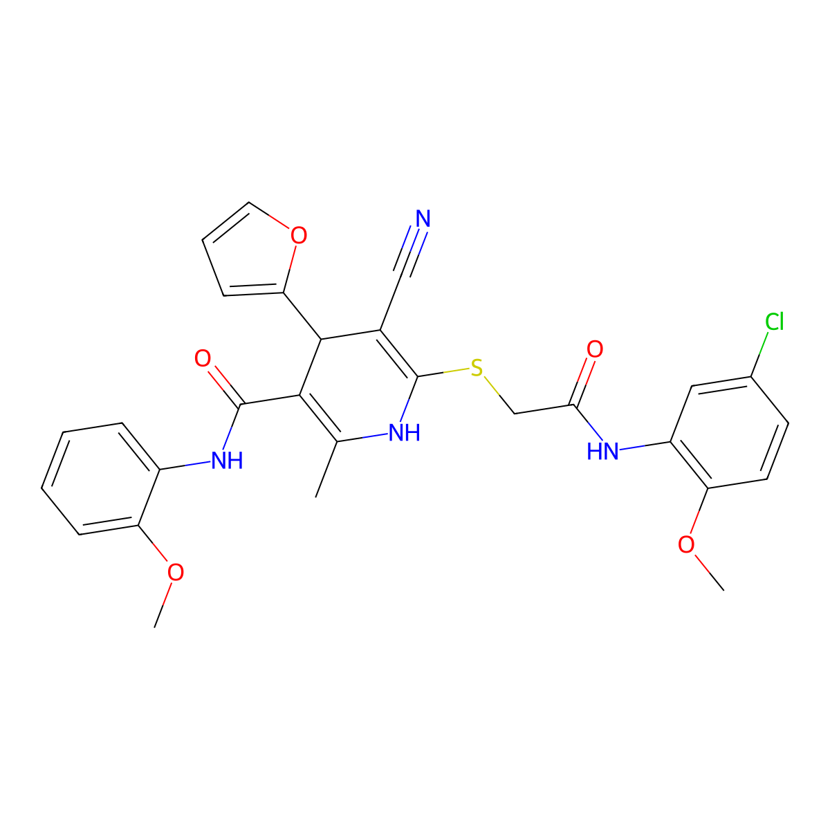 6-((2-((5-chloro-2-methoxyphenyl)amino)-2-oxoethyl)thio)-5-cyano-4-(furan-2-yl)-N-(2-methoxyphenyl)-2-methyl-1,4-dihydropyridine-3-carboxamide molecular structure, CAS 375839-78-4