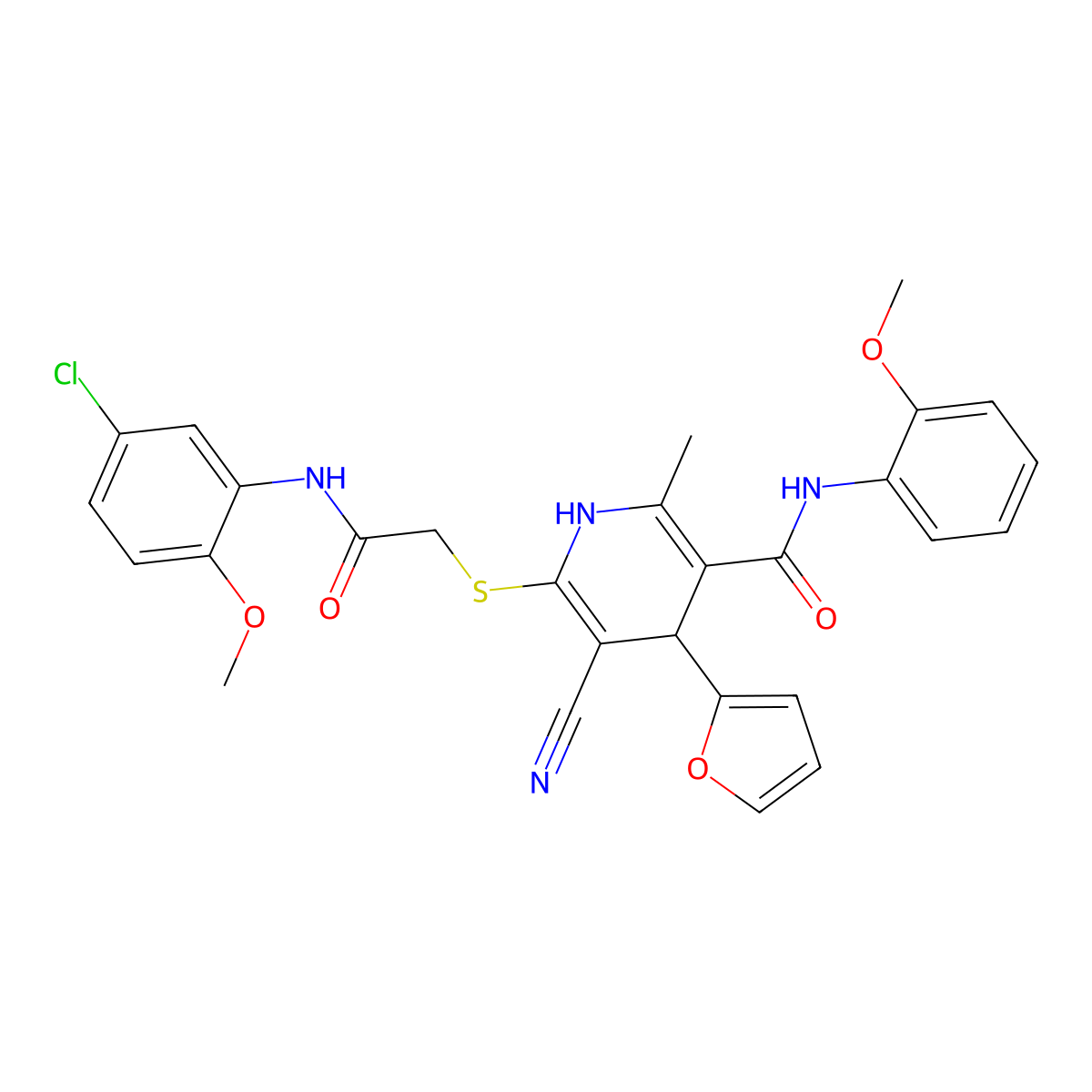 6-((2-((5-chloro-2-methoxyphenyl)amino)-2-oxoethyl)thio)-5-cyano-4-(furan-2-yl)-N-(2-methoxyphenyl)-2-methyl-1,4-dihydropyridine-3-carboxamide molecular structure, CAS 375839-78-4