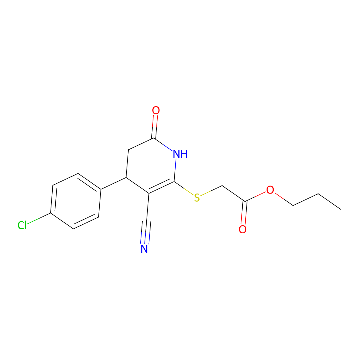 Propyl {[4-(4-chlorophenyl)-3-cyano-6-oxo-1,4,5,6-tetrahydropyridin-2-yl]sulfanyl}acetate molecular structure, CAS 375840-08-7