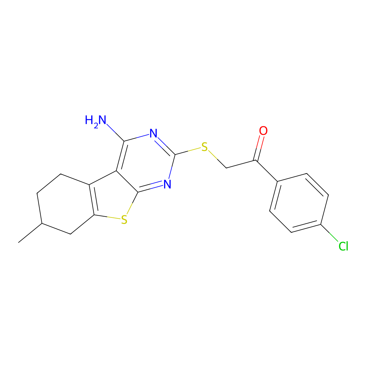 2-[(4-Amino-7-methyl-5,6,7,8-tetrahydro[1]benzothieno[2,3-d]pyrimidin-2-yl)sulfanyl]-1-(4-chlorophenyl)ethanone molecular structure, CAS 375840-94-1
