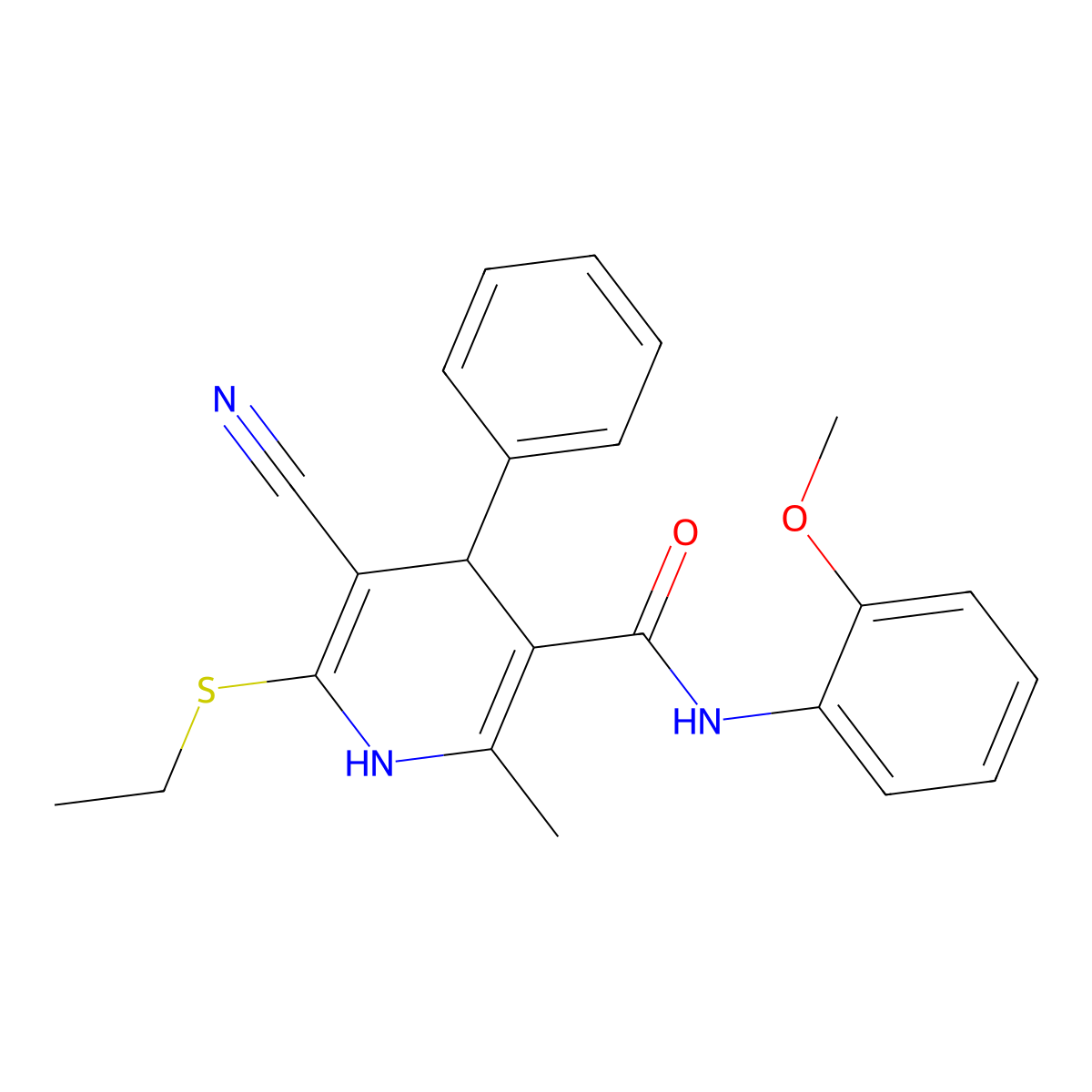 5-cyano-6-(ethylthio)-N-(2-methoxyphenyl)-2-methyl-4-phenyl-1,4-dihydropyridine-3-carboxamide molecular structure, CAS 375841-81-9