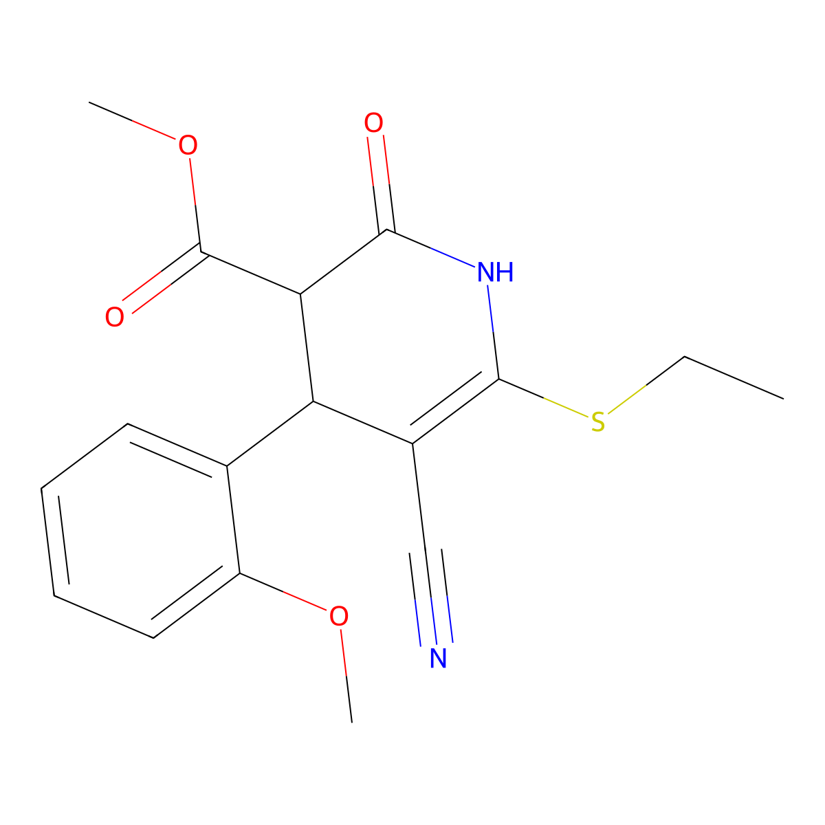 Methyl 5-cyano-6-(ethylsulfanyl)-4-(2-methoxyphenyl)-2-oxo-1,2,3,4-tetrahydropyridine-3-carboxylate molecular structure, CAS 375841-86-4