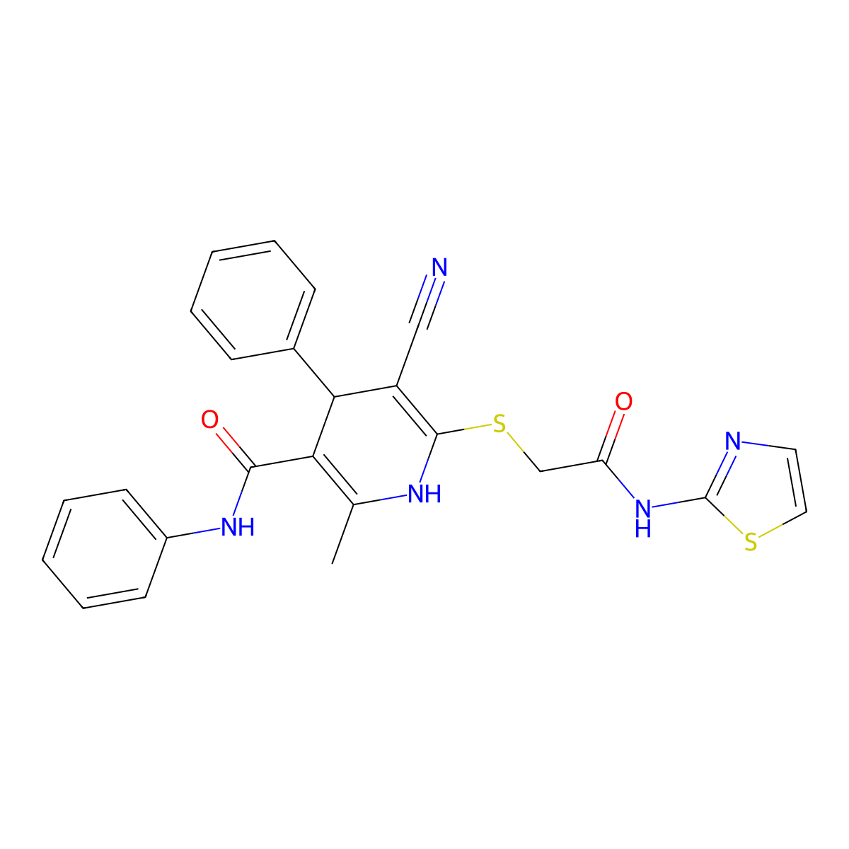 5-cyano-2-methyl-6-((2-oxo-2-(thiazol-2-ylamino)ethyl)thio)-N,4-diphenyl-1,4-dihydropyridine-3-carboxamide molecular structure, CAS 375842-24-3