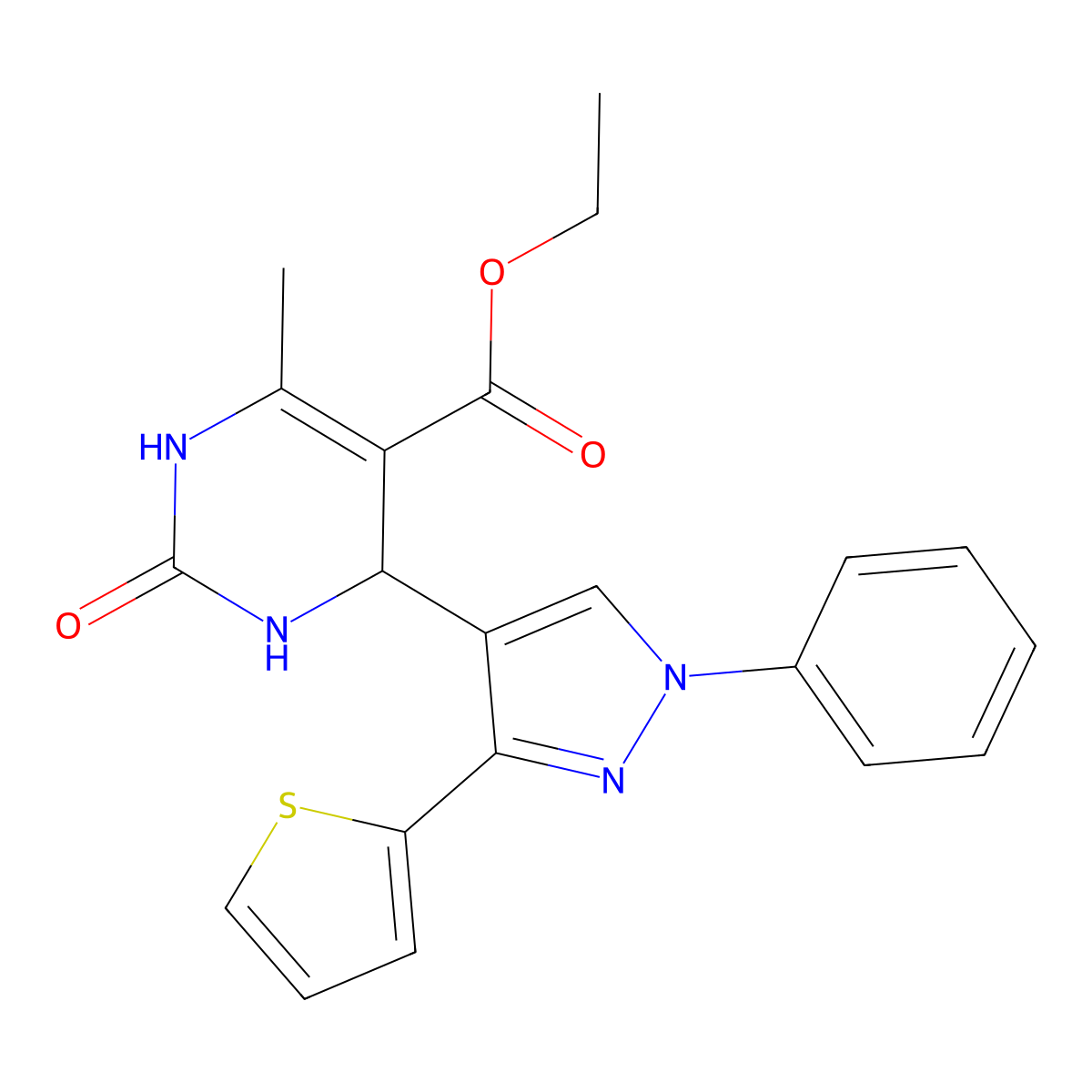 ethyl 6-methyl-2-oxo-4-(1-phenyl-3-(thiophen-2-yl)-1H-pyrazol-4-yl)-1,2,3,4-tetrahydropyrimidine-5-carboxylate molecular structure, CAS 376358-26-8