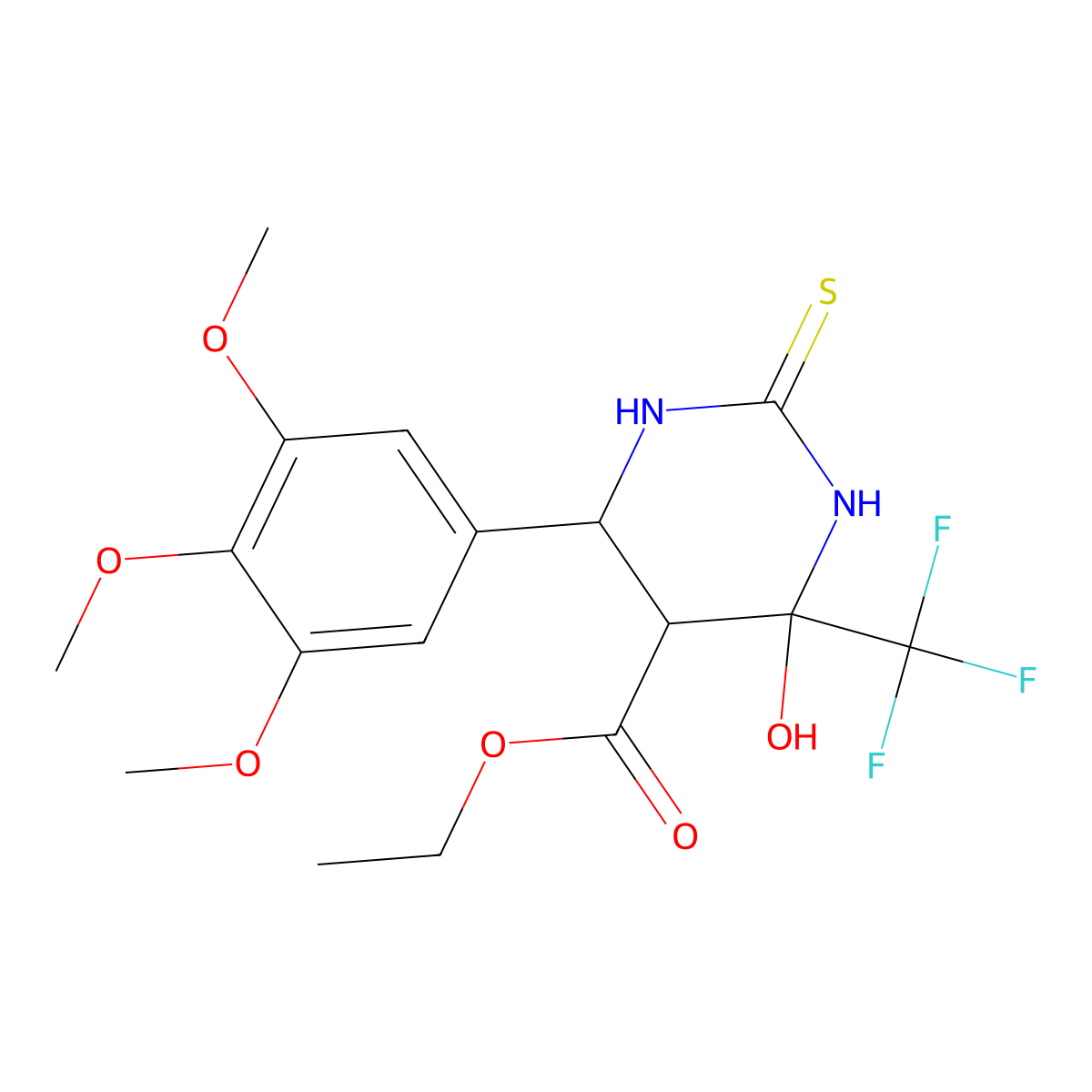 Ethyl 4-hydroxy-2-thioxo-4-(trifluoromethyl)-6-(3,4,5-trimethoxyphenyl)hexahydro-5-pyrimidinecarboxylate molecular structure, CAS 376359-94-3