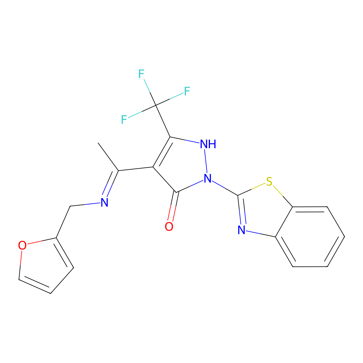 2-Benzothiazol-2-yl-4-[1-(furan-2-ylmethylimino)-ethyl]-5-trifluoromethyl-1,2-dihydro-pyrazol-3-one molecular structure, CAS 376370-20-6