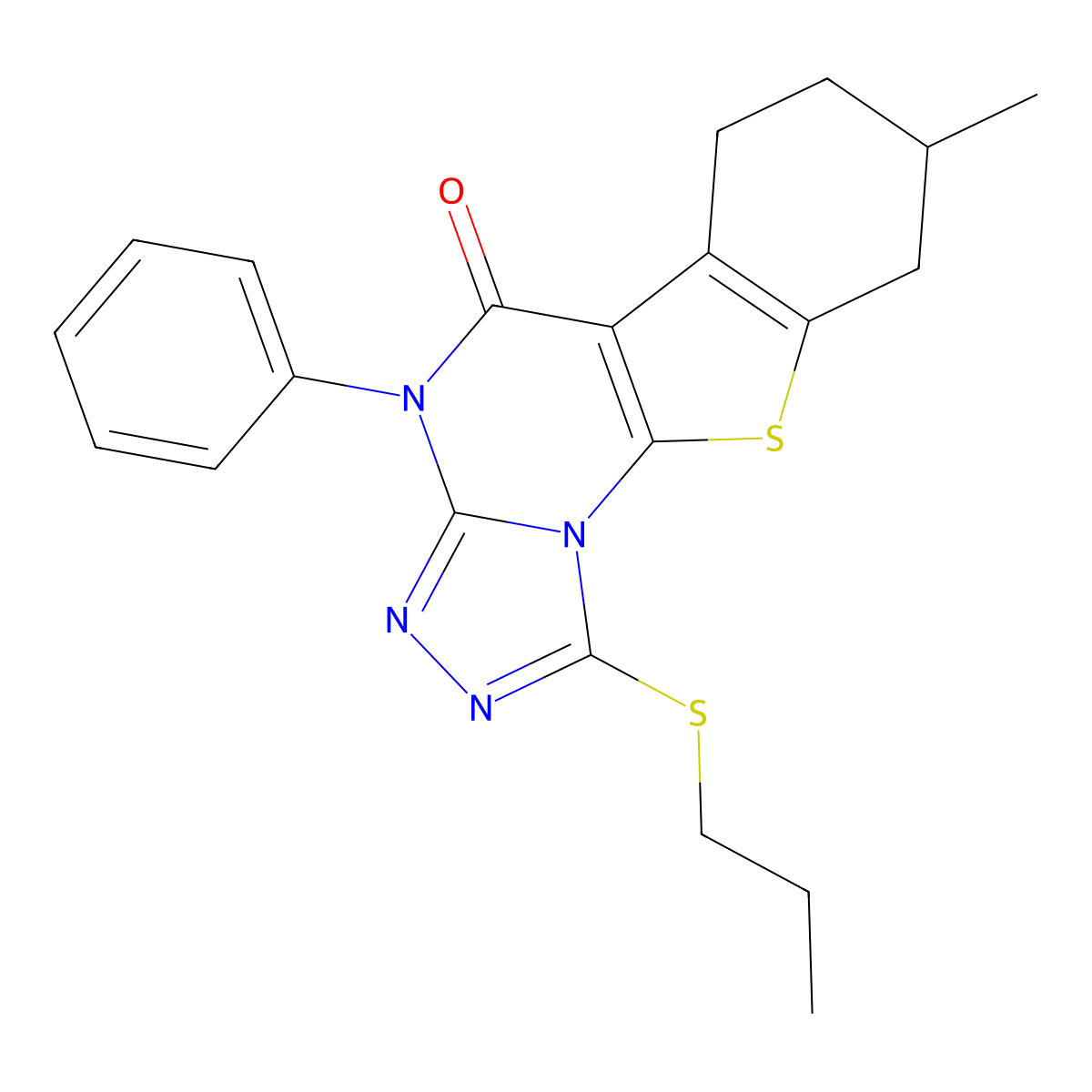 8-methyl-4-phenyl-1-(propylthio)-6,7,8,9-tetrahydrobenzo[4,5]thieno[3,2-e][1,2,4]triazolo[4,3-a]pyrimidin-5(4H)-one molecular structure, CAS 376371-37-8