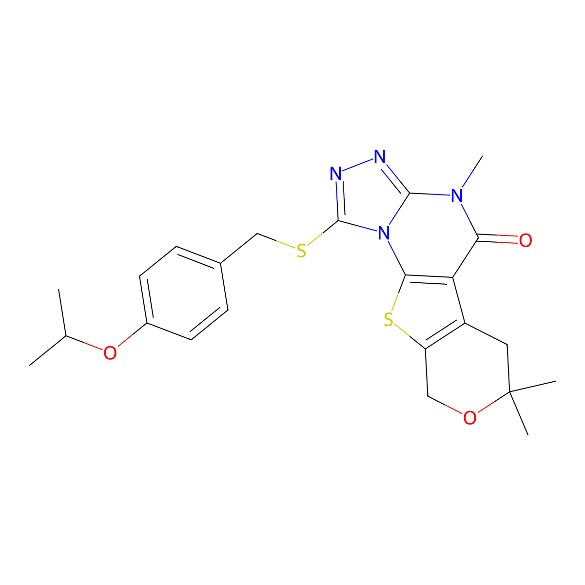 4,7,7-trimethyl-1-{[4-(propan-2-yloxy)benzyl]sulfanyl}-6,9-dihydro-7H-pyrano[4',3':4,5]thieno[3,2-e][1,2,4]triazolo[4,3-a]pyrimidin-5(4H)-one molecular structure, CAS 376372-42-8