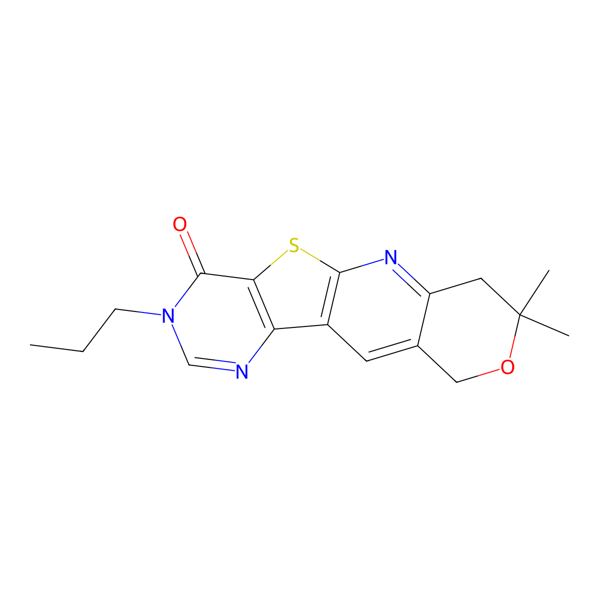 8,8-dimethyl-3-propyl-7,10-dihydro-8H-pyrano[3'',4'':5',6']pyrido[3',2':4,5]thieno[3,2-d]pyrimidin-4(3H)-one molecular structure, CAS 376374-05-9