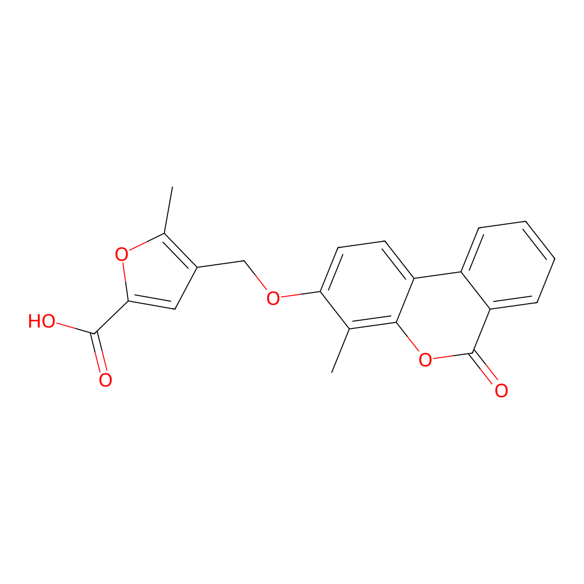 5-Methyl-4-[(4-methyl-6-oxobenzo[c]chromen-3-yl)oxymethyl]furan-2-carboxylic acid molecular structure, CAS 376375-10-9
