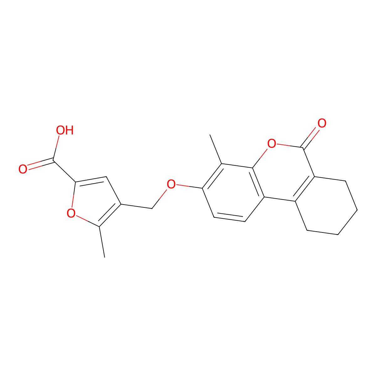 5-methyl-4-(((4-methyl-6-oxo-7,8,9,10-tetrahydro-6H-benzo[c]chromen-3-yl)oxy)methyl)furan-2-carboxylic acid molecular structure, CAS 376375-15-4