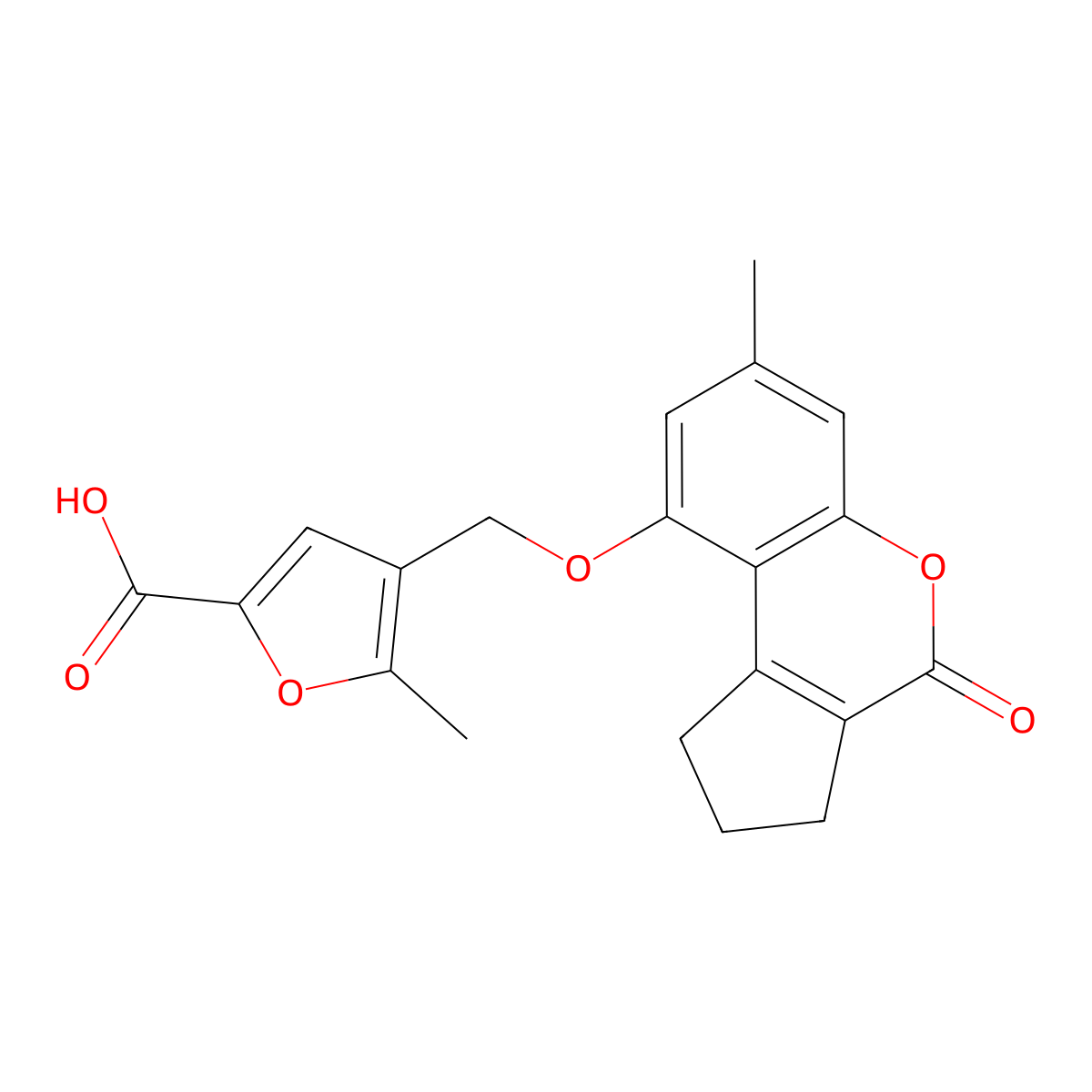 5-Methyl-4-(((7-methyl-4-oxo-1,2,3,4-tetrahydrocyclopenta[c]chromen-9-yl)oxy)methyl)furan-2-carboxylic acid molecular structure, CAS 376375-69-8