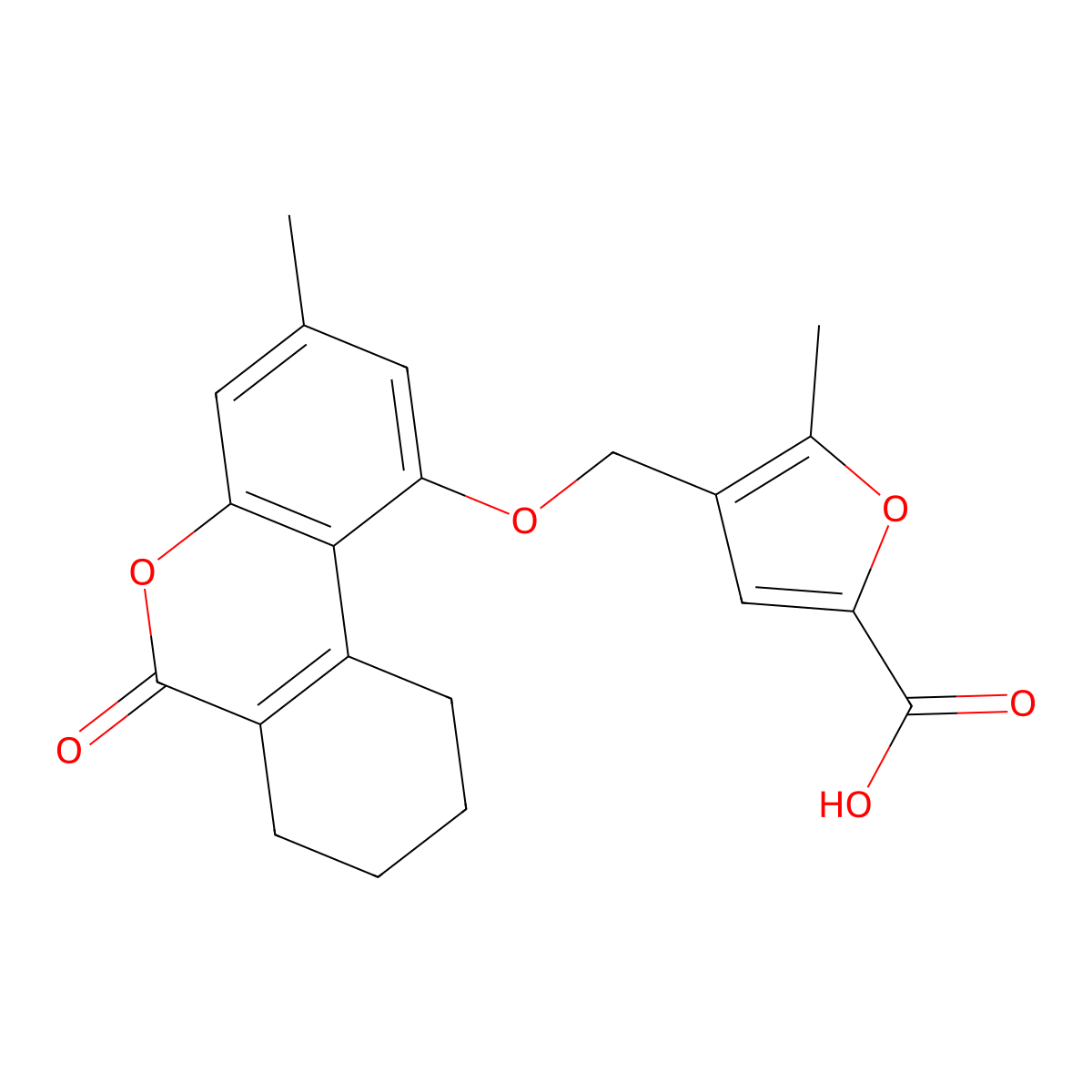 5-Methyl-4-[(3-methyl-6-oxo-7,8,9,10-tetrahydrobenzo[c][1]benzopyran-1-yl)oxymethyl]-2-furancarboxylic acid molecular structure, CAS 376376-89-5