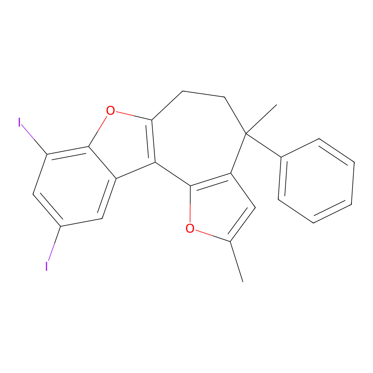 8,10-diiodo-2,4-dimethyl-4-phenyl-5,6-dihydro-4H-benzo[d]cyclohepta[1,2-b:3,4-b']difuran molecular structure, CAS 376377-71-8