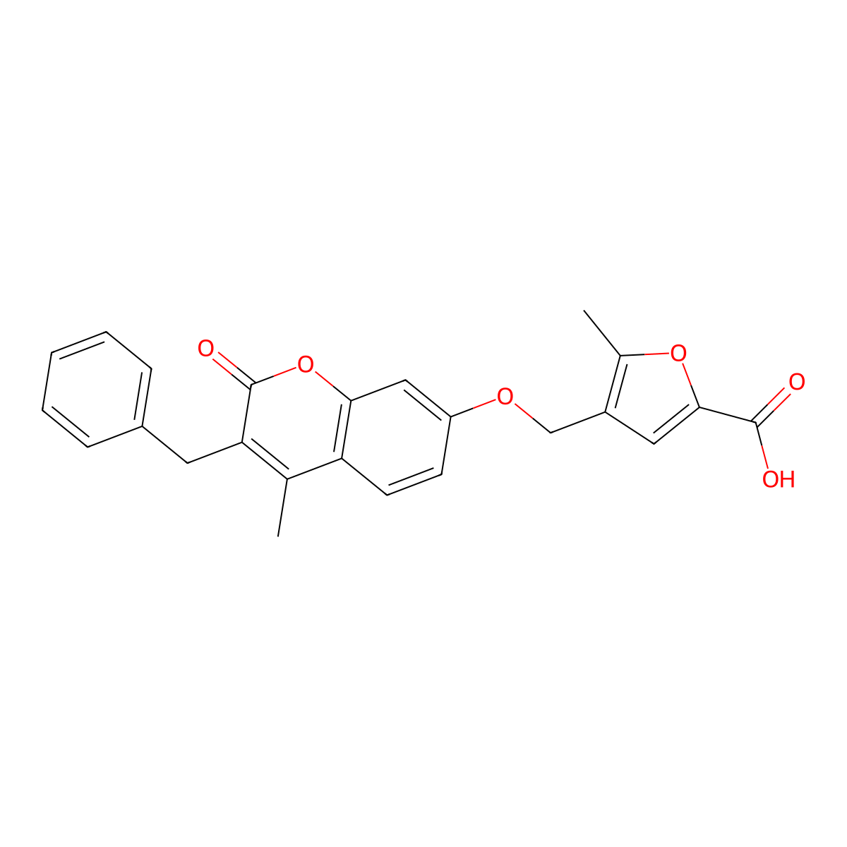 4-(((3-benzyl-4-methyl-2-oxo-2H-chromen-7-yl)oxy)methyl)-5-methylfuran-2-carboxylic acid molecular structure, CAS 376378-01-7