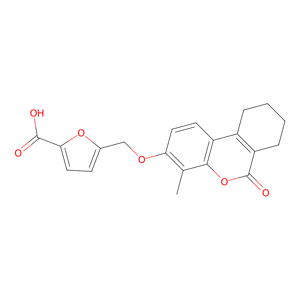 5-(((4-methyl-6-oxo-7,8,9,10-tetrahydro-6H-benzo[c]chromen-3-yl)oxy)methyl)furan-2-carboxylic acid molecular structure, CAS 376378-88-0