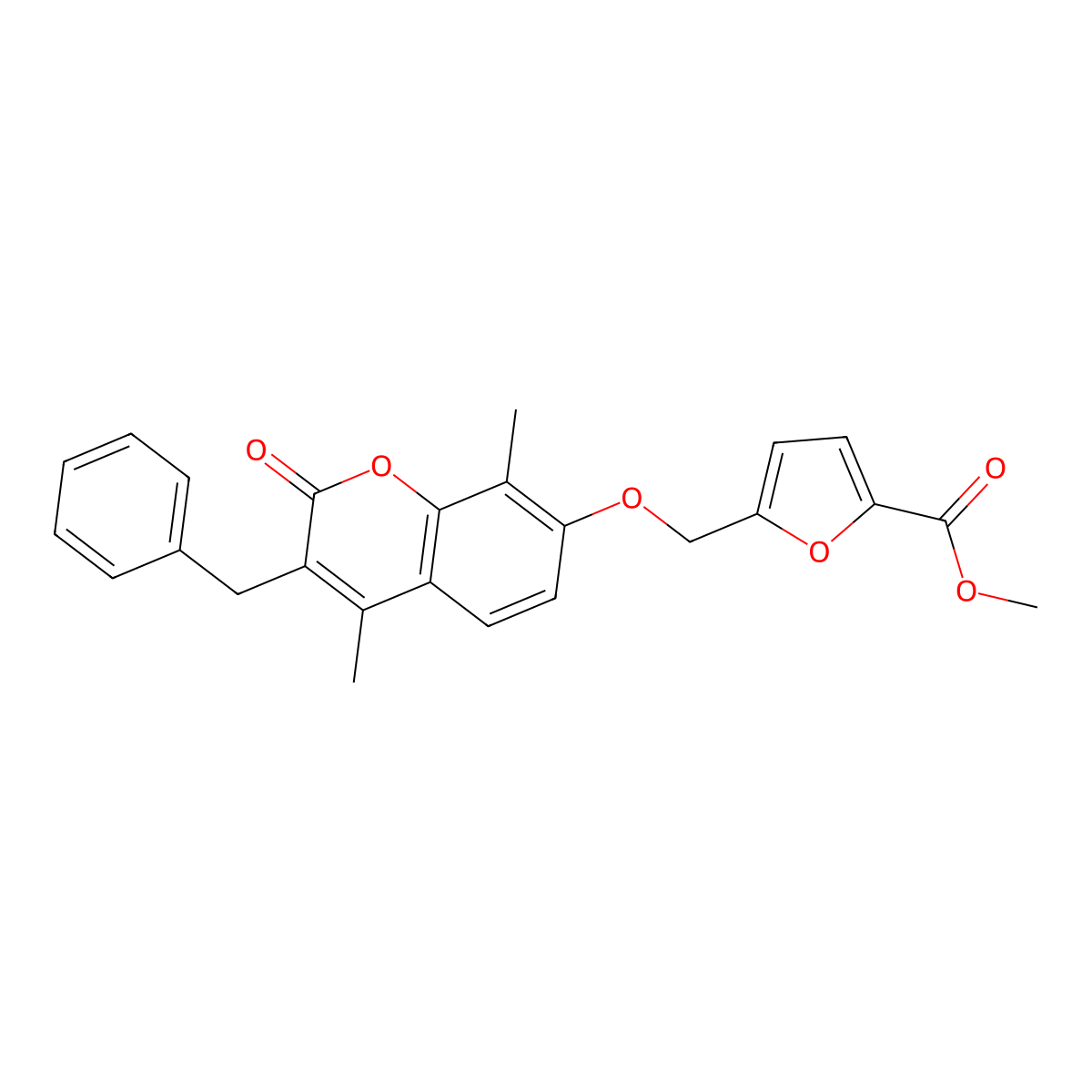 Methyl 5-[(3-benzyl-4,8-dimethyl-2-oxochromen-7-yl)oxymethyl]furan-2-carboxylate molecular structure, CAS 376379-15-6