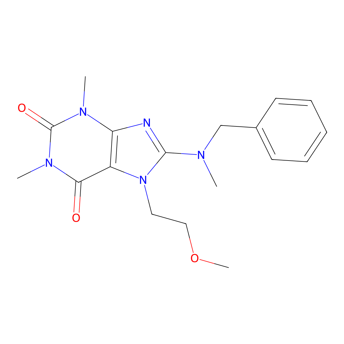 8-(benzyl(methyl)amino)-7-(2-methoxyethyl)-1,3-dimethyl-1H-purine-2,6(3H,7H)-dione molecular structure, CAS 376379-55-4