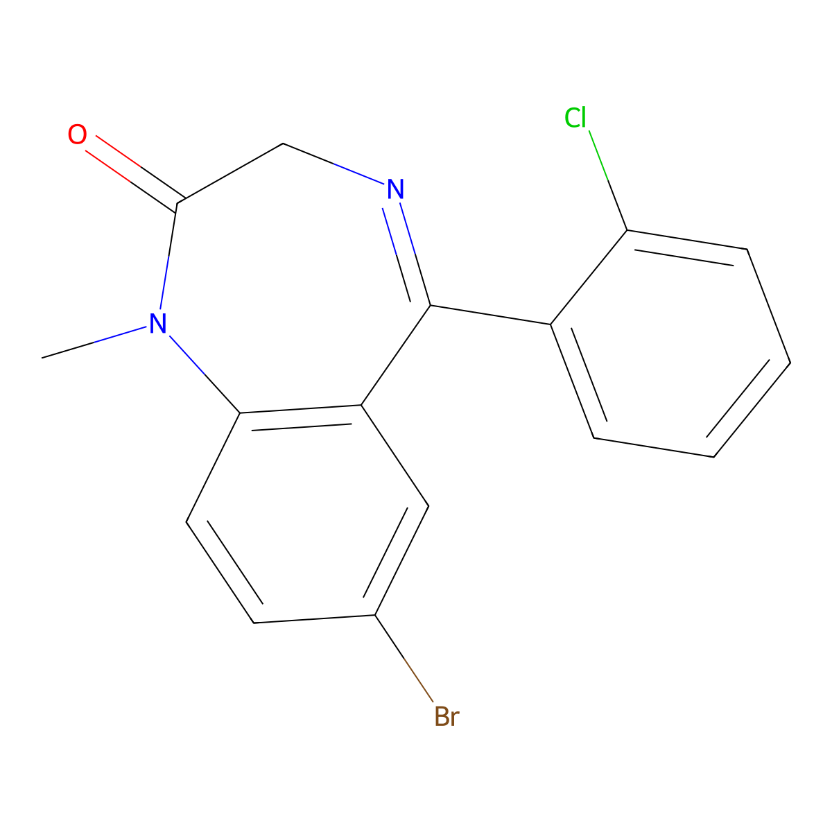 7-Bromo-5-(2-chlorophenyl)-1-methyl-1,3-dihydro-2H-1,4-benzodiazepin-2-one molecular structure, CAS 37638-89-4