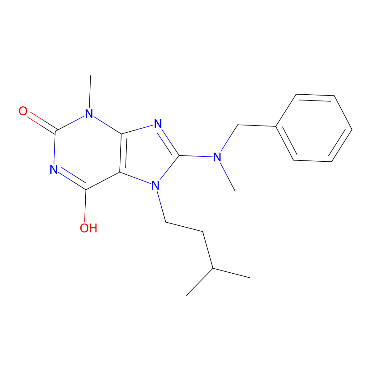8-(benzyl(methyl)amino)-7-isopentyl-3-methyl-1H-purine-2,6(3H,7H)-dione molecular structure, CAS 376382-94-4