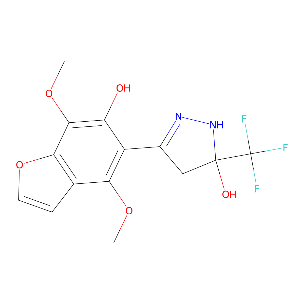 3-(6-hydroxy-4,7-dimethoxybenzofuran-5-yl)-5-(trifluoromethyl)-4,5-dihydro-1H-pyrazol-5-ol molecular structure, CAS 376383-19-6