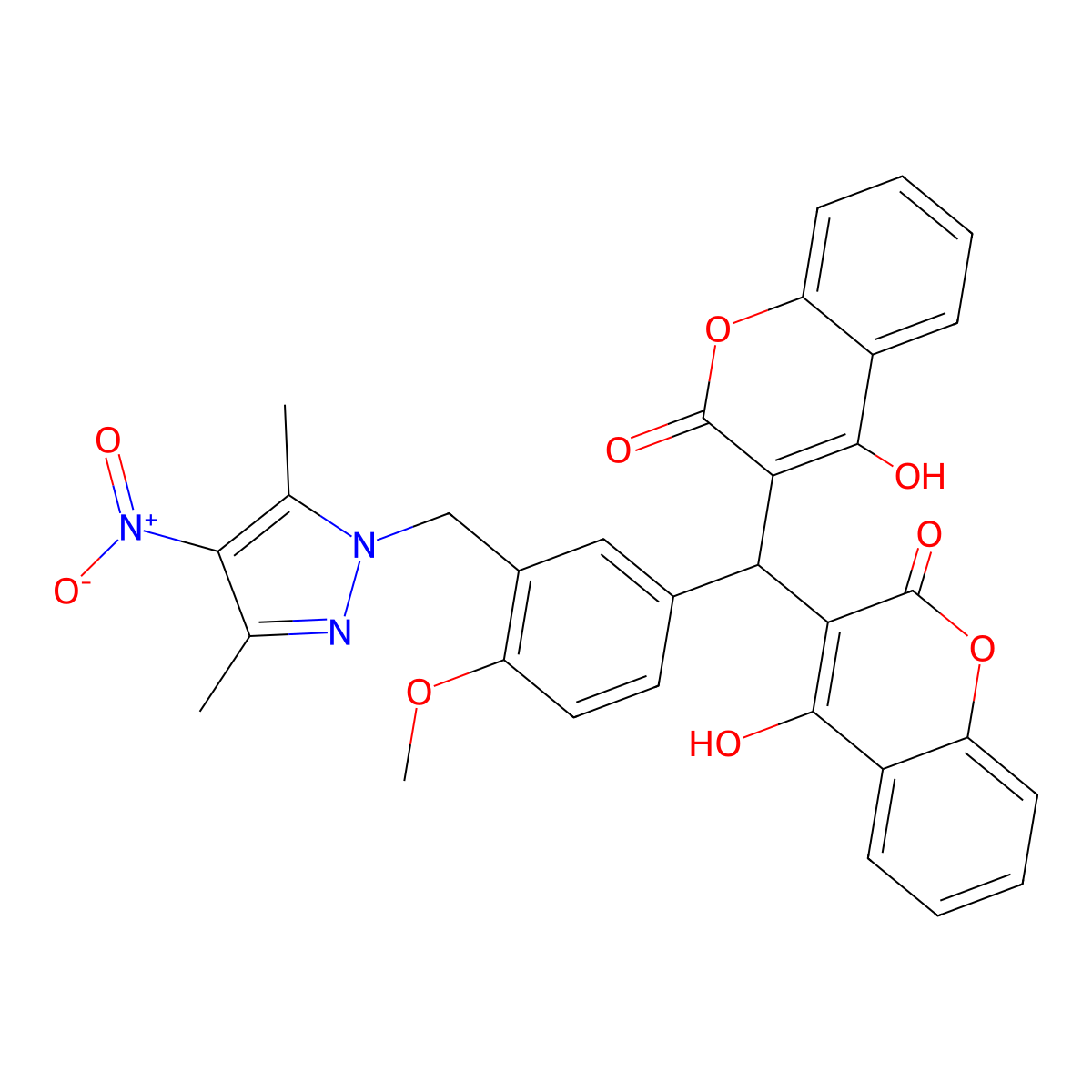 3,3'-({3-[(3,5-dimethyl-4-nitro-1H-pyrazol-1-yl)methyl]-4-methoxyphenyl}methylene)bis(4-hydroxy-2H-chromen-2-one) molecular structure, CAS 376386-06-0