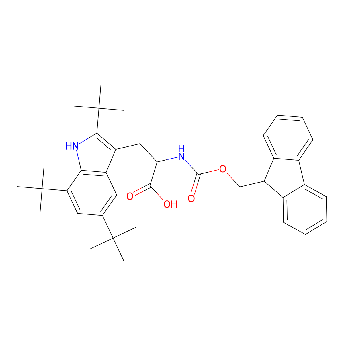(S)-2-((((9H-Fluoren-9-yl)methoxy)carbonyl)amino)-3-(2,5,7-tri-tert-butyl-1H-indol-3-yl)propanoic acid molecular structure, CAS 376592-37-9