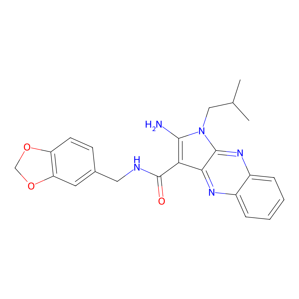 2-amino-N-(benzo[d][1,3]dioxol-5-ylmethyl)-1-isobutyl-1H-pyrrolo[2,3-b]quinoxaline-3-carboxamide molecular structure, CAS 376602-96-9