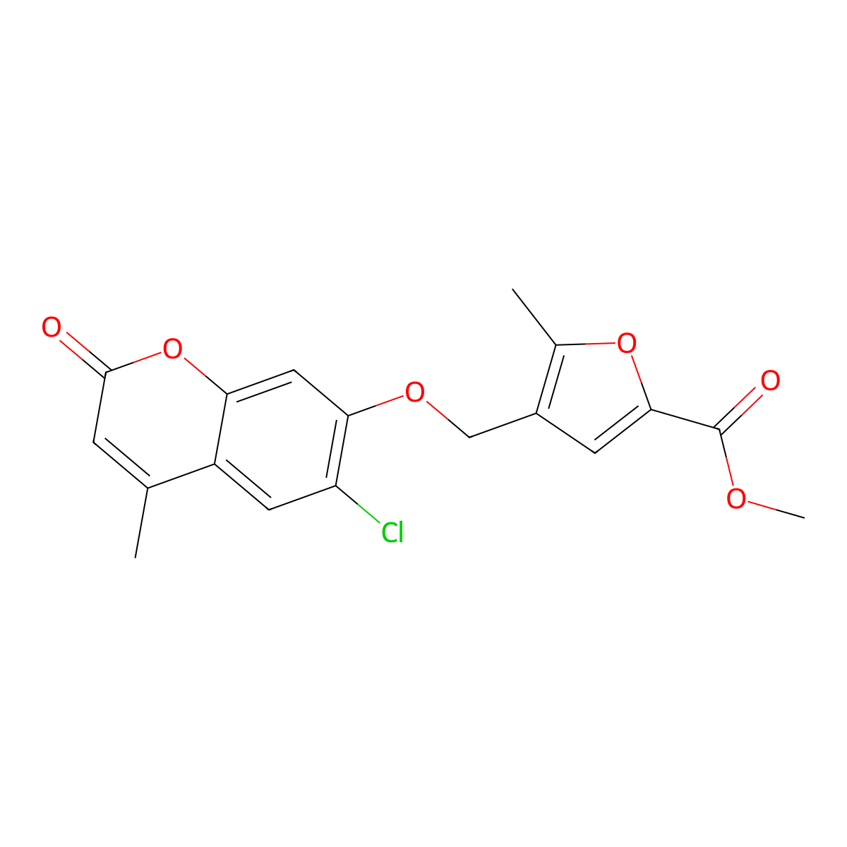 Methyl 4-[(6-chloro-4-methyl-2-oxochromen-7-yl)oxymethyl]-5-methylfuran-2-carboxylate molecular structure, CAS 376603-49-5