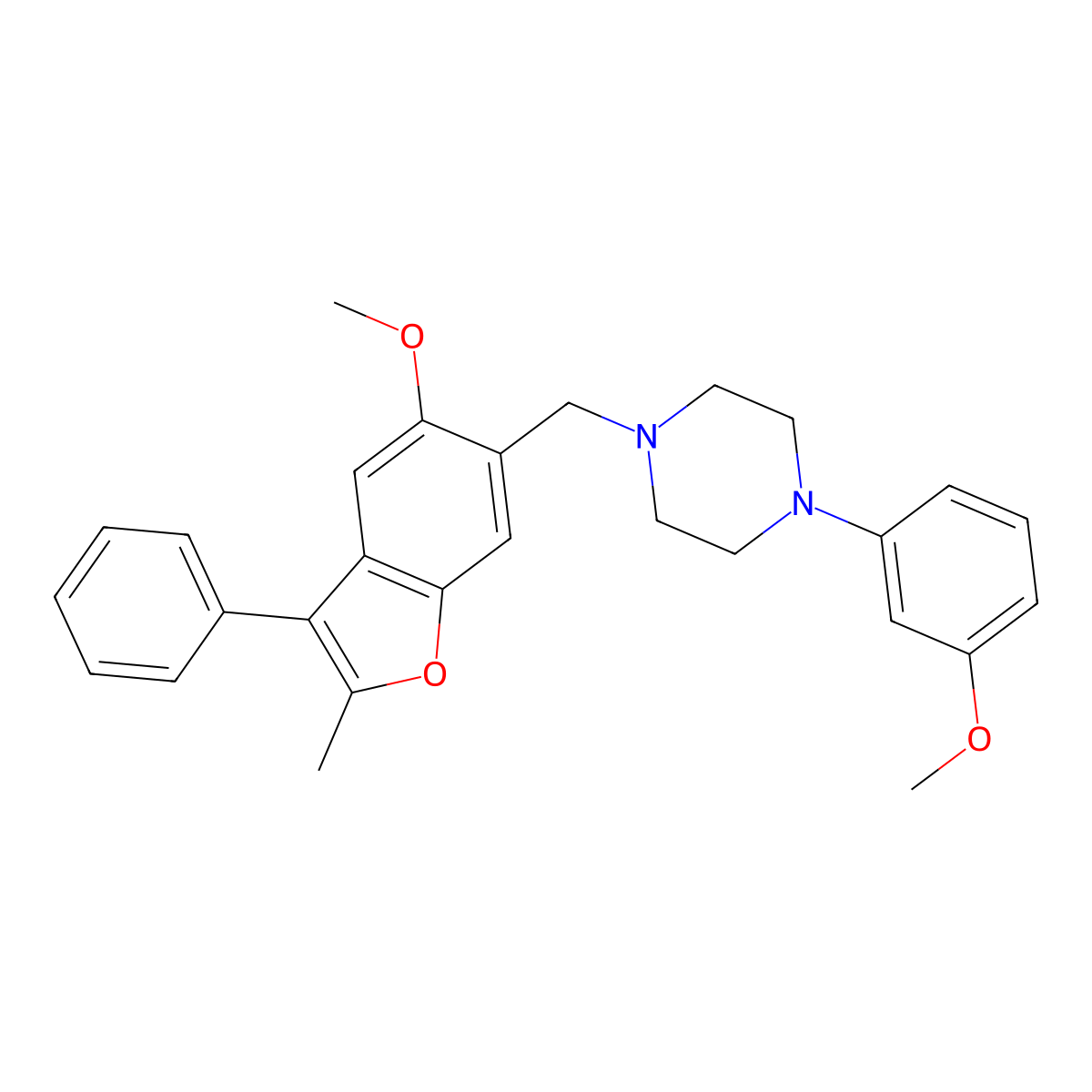 1-[(5-Methoxy-2-methyl-3-phenyl-1-benzofuran-6-yl)methyl]-4-(3-methoxyphenyl)piperazine molecular structure, CAS 376604-25-0