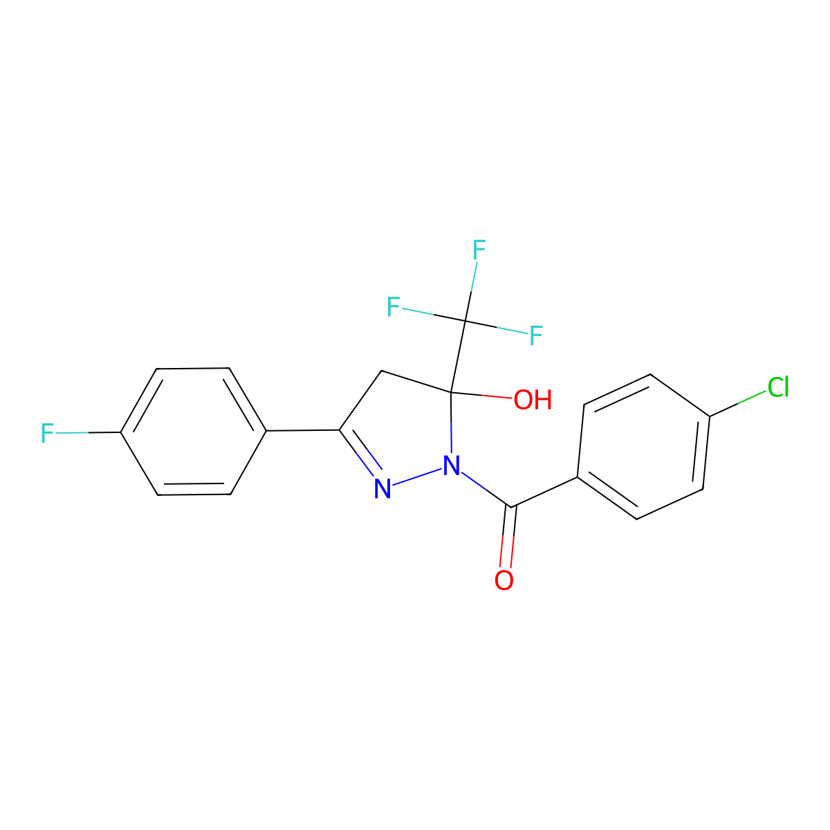 (4-chlorophenyl)-[3-(4-fluorophenyl)-5-hydroxy-5-(trifluoromethyl)-4H-pyrazol-1-yl]methanone molecular structure, CAS 376605-52-6