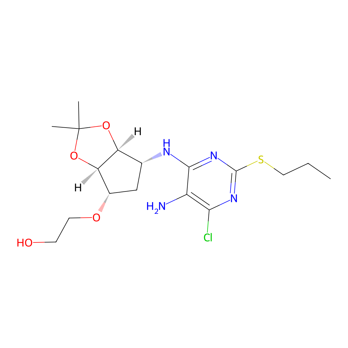 2-(((3aR,4S,6R,6aS)-6-((5-amino-6-chloro-2-(propylthio)pyrimidin-4-yl)amino)-2,2-dimethyltetrahydro-3aH-cyclopenta[d][1,3]dioxol-4-yl)oxy)ethanol molecular structure, CAS 376608-74-1