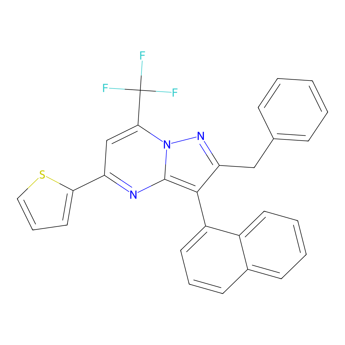 2-Benzyl-3-naphthalen-1-yl-5-thiophen-2-yl-7-(trifluoromethyl)pyrazolo[1,5-a]pyrimidine molecular structure, CAS 376612-38-3
