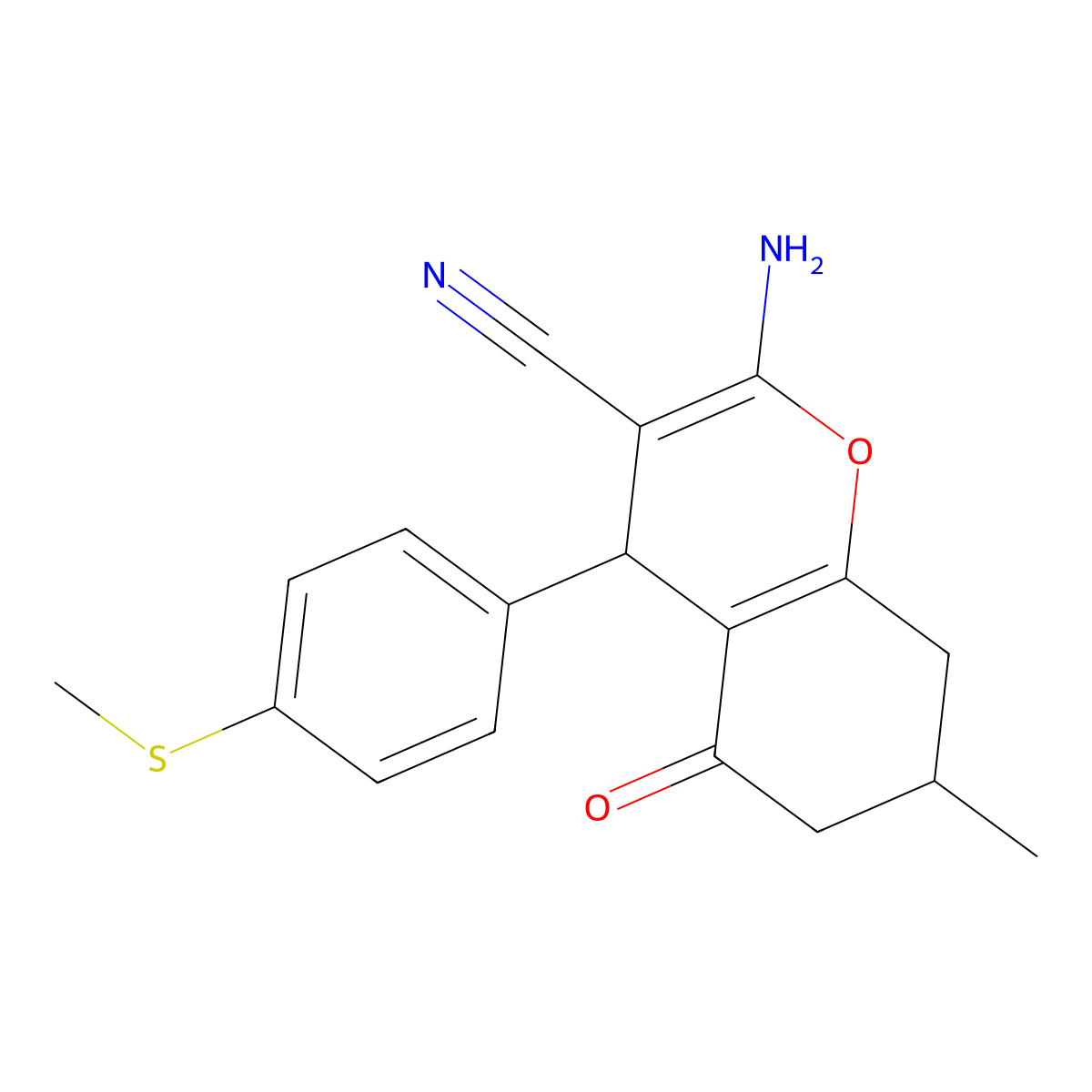 2-Amino-7-methyl-4-(4-methylsulfanylphenyl)-5-oxo-4,6,7,8-tetrahydrochromene-3-carbonitrile molecular structure, CAS 376613-84-2