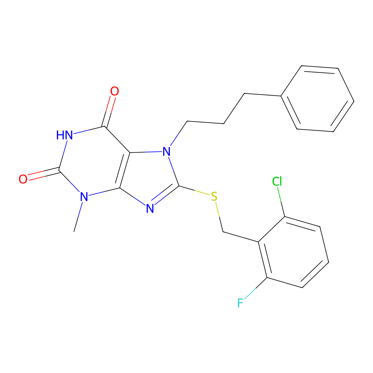 8-{[(2-chloro-6-fluorophenyl)methyl]sulfanyl}-3-methyl-7-(3-phenylpropyl)-2,3,6,7-tetrahydro-1H-purine-2,6-dione molecular structure, CAS 376618-18-7