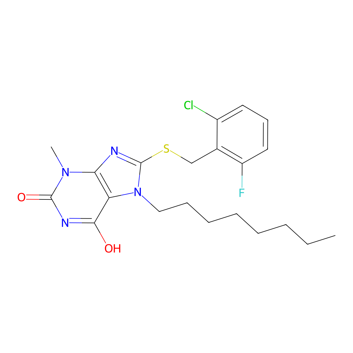 8-((2-chloro-6-fluorobenzyl)thio)-3-methyl-7-octyl-1H-purine-2,6(3H,7H)-dione molecular structure, CAS 376619-03-3