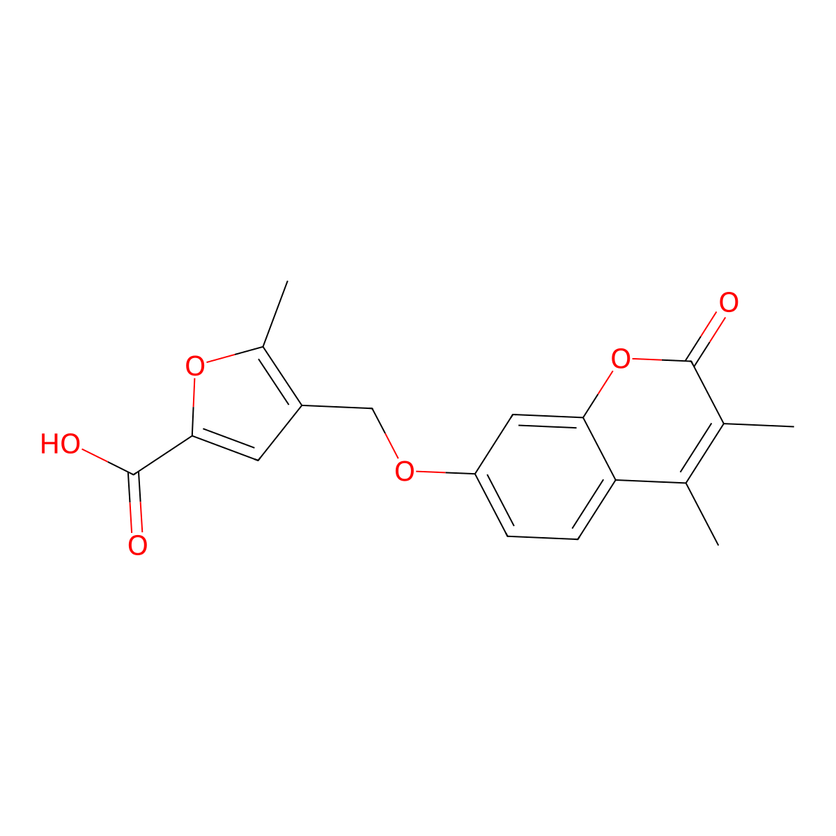 4-(((3,4-dimethyl-2-oxo-2H-chromen-7-yl)oxy)methyl)-5-methylfuran-2-carboxylic acid molecular structure, CAS 376620-58-5