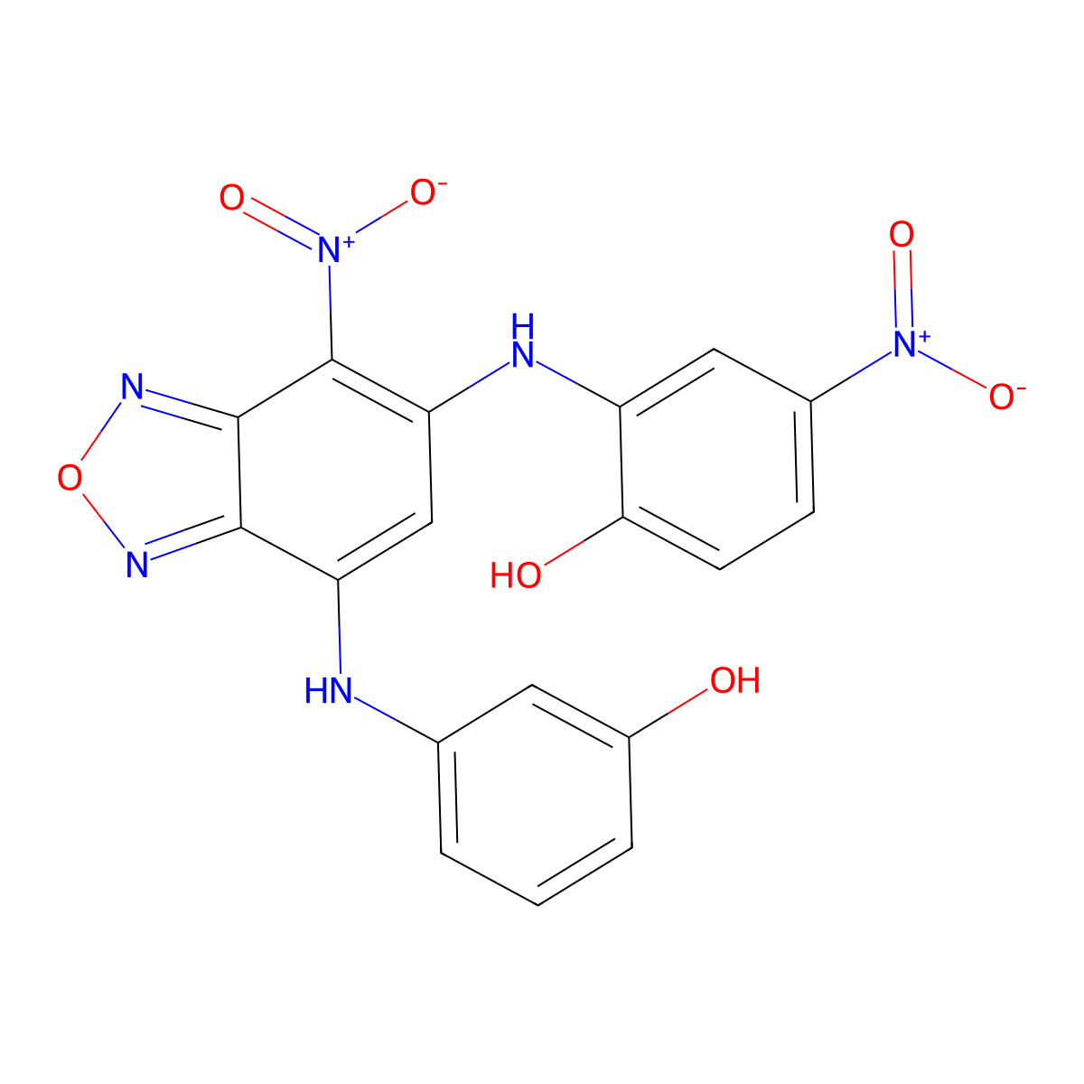 2-((7-((3-Hydroxyphenyl)amino)-4-nitrobenzo[c][1,2,5]oxadiazol-5-yl)amino)-4-nitrophenol molecular structure, CAS 376620-62-1