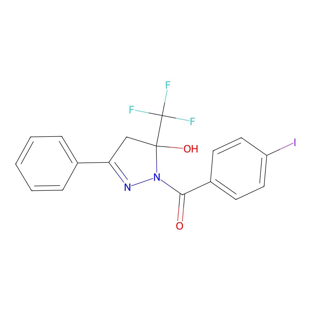 [5-hydroxy-3-phenyl-5-(trifluoromethyl)-4H-pyrazol-1-yl]-(4-iodophenyl)methanone molecular structure, CAS 376621-81-7