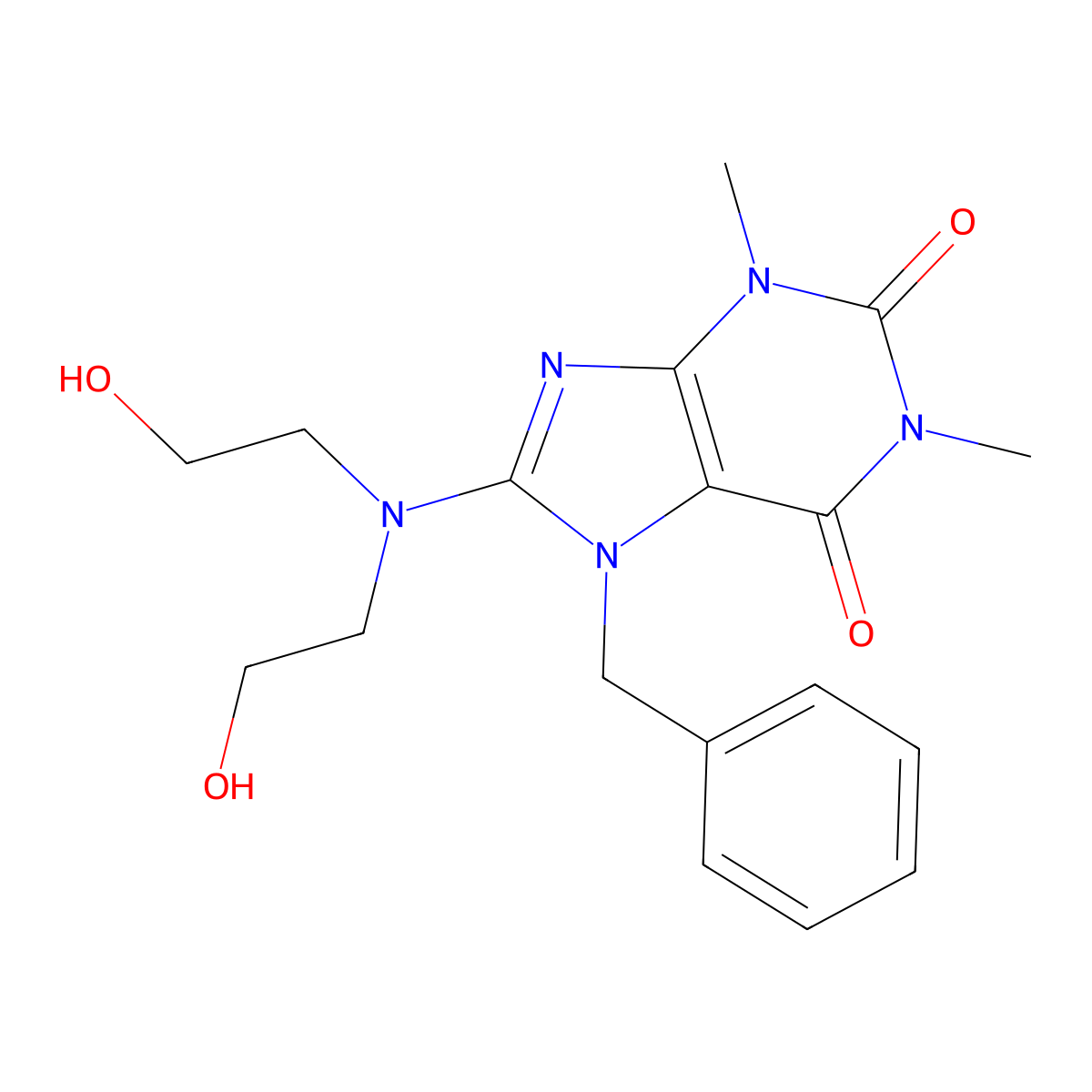 7-Benzyl-8-(bis(2-HO-ethyl)amino)-1,3-dimethyl-3,7-dihydro-1H-purine-2,6-dione molecular structure, CAS 376622-29-6