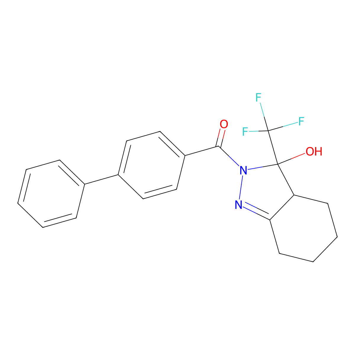 [3-hydroxy-3-(trifluoromethyl)-4,5,6,7-tetrahydro-3aH-indazol-2-yl]-(4-phenylphenyl)methanone molecular structure, CAS 376622-36-5