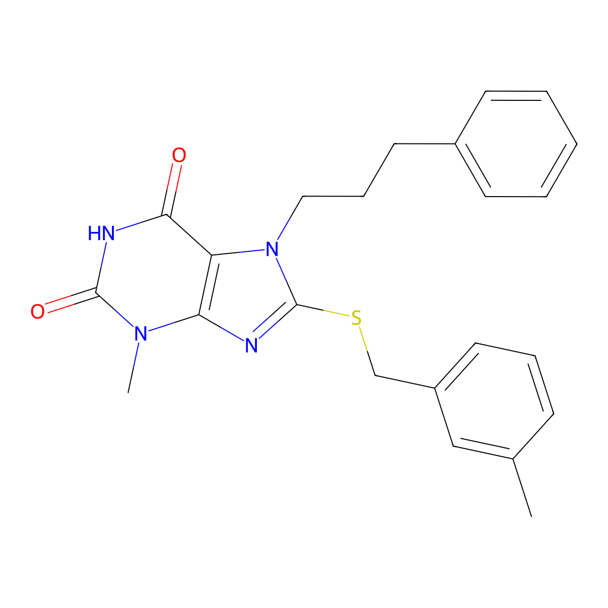 3-Methyl-8-[(3-methylphenyl)methylsulfanyl]-7-(3-phenylpropyl)purine-2,6-dione molecular structure, CAS 376623-03-9