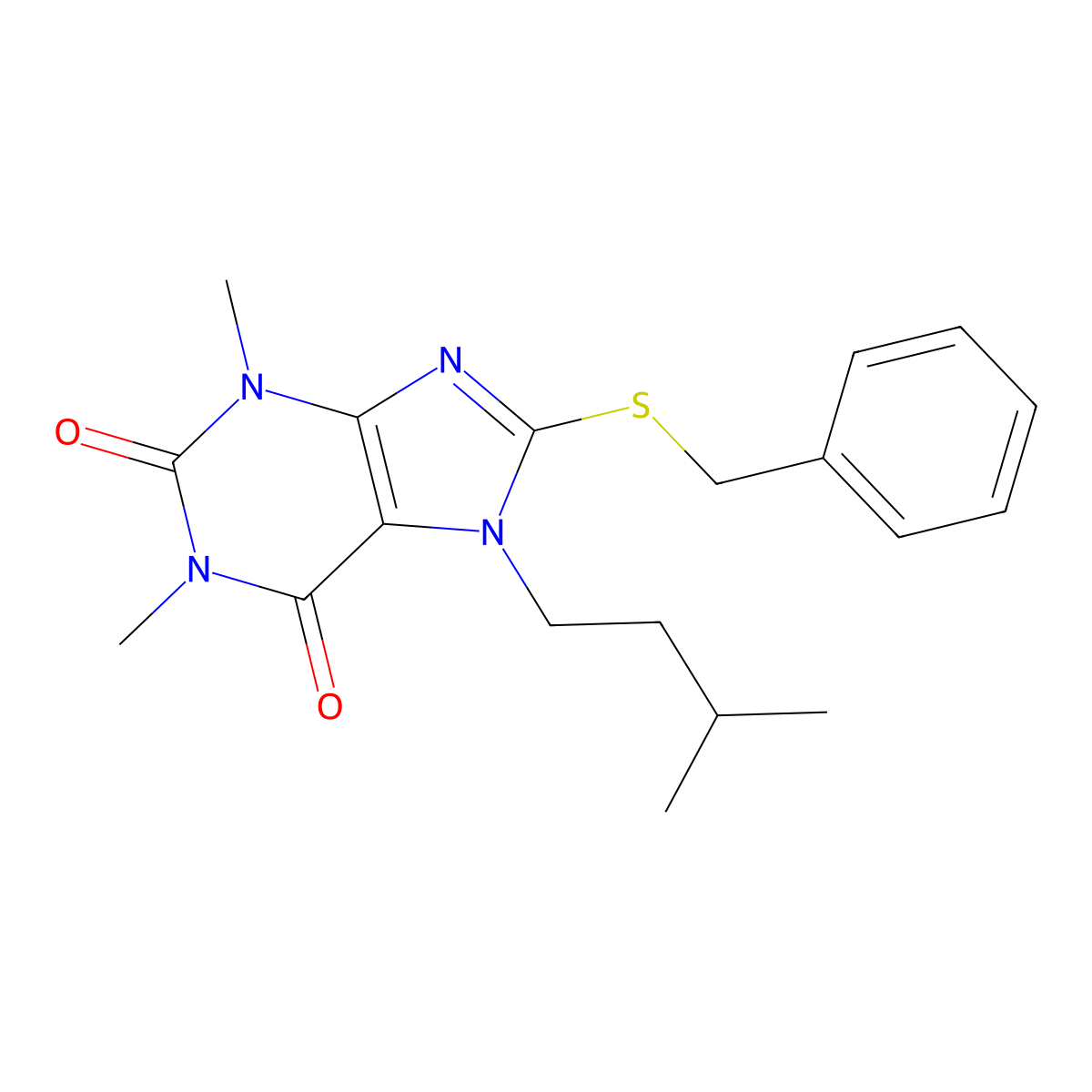 8-(benzylthio)-7-isopentyl-1,3-dimethyl-1H-purine-2,6(3H,7H)-dione molecular structure, CAS 376623-53-9