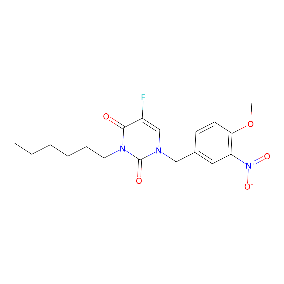 5-Fluoro-3-hexyl-1-[(4-methoxy-3-nitrophenyl)methyl]pyrimidine-2,4-dione molecular structure, CAS 376623-76-6