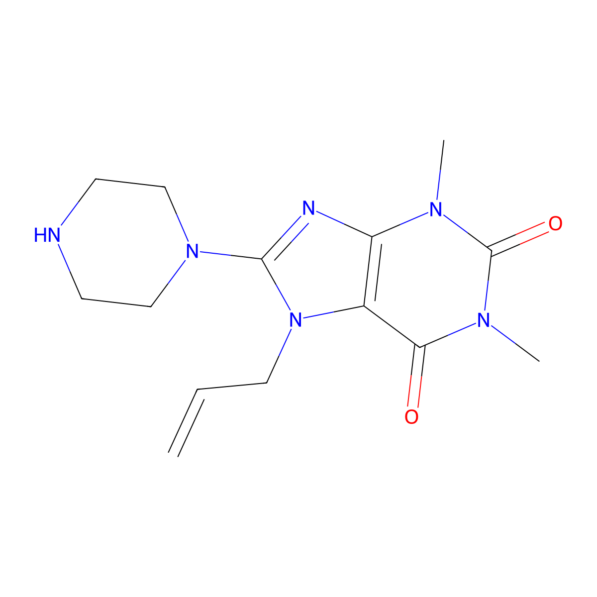 7-Allyl-1,3-dimethyl-8-(piperazin-1-yl)-3,7-dihydropurine-2,6-dione molecular structure, CAS 376624-10-1