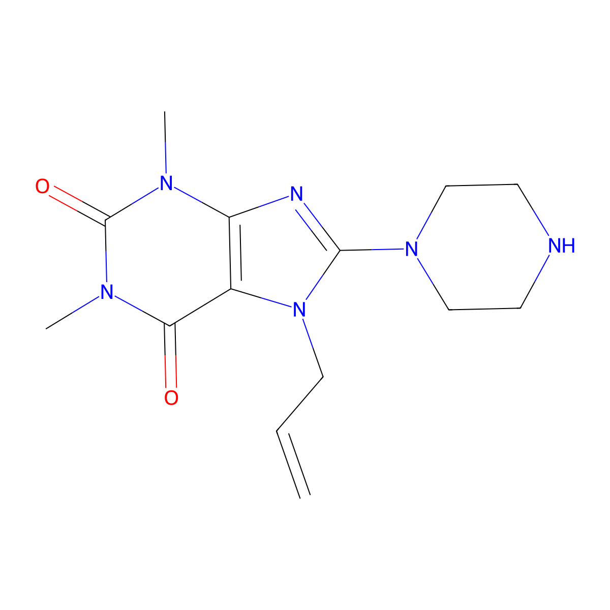 7-Allyl-1,3-dimethyl-8-(piperazin-1-yl)-3,7-dihydropurine-2,6-dione molecular structure, CAS 376624-10-1