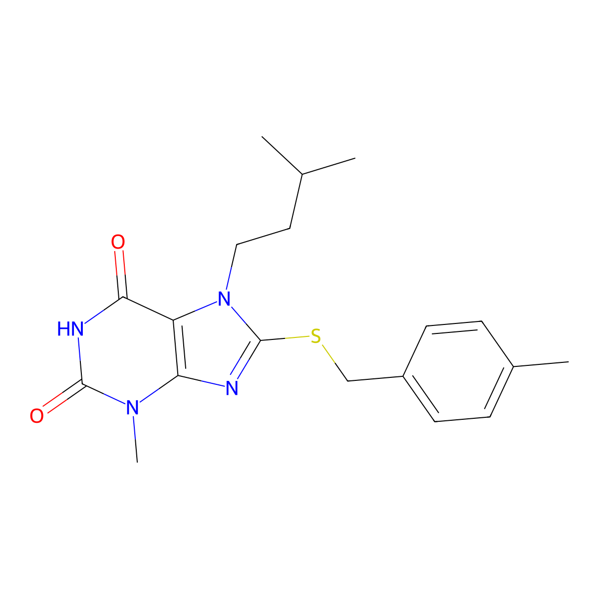 7-isopentyl-3-methyl-8-((4-methylbenzyl)thio)-1H-purine-2,6(3H,7H)-dione molecular structure, CAS 376624-37-2