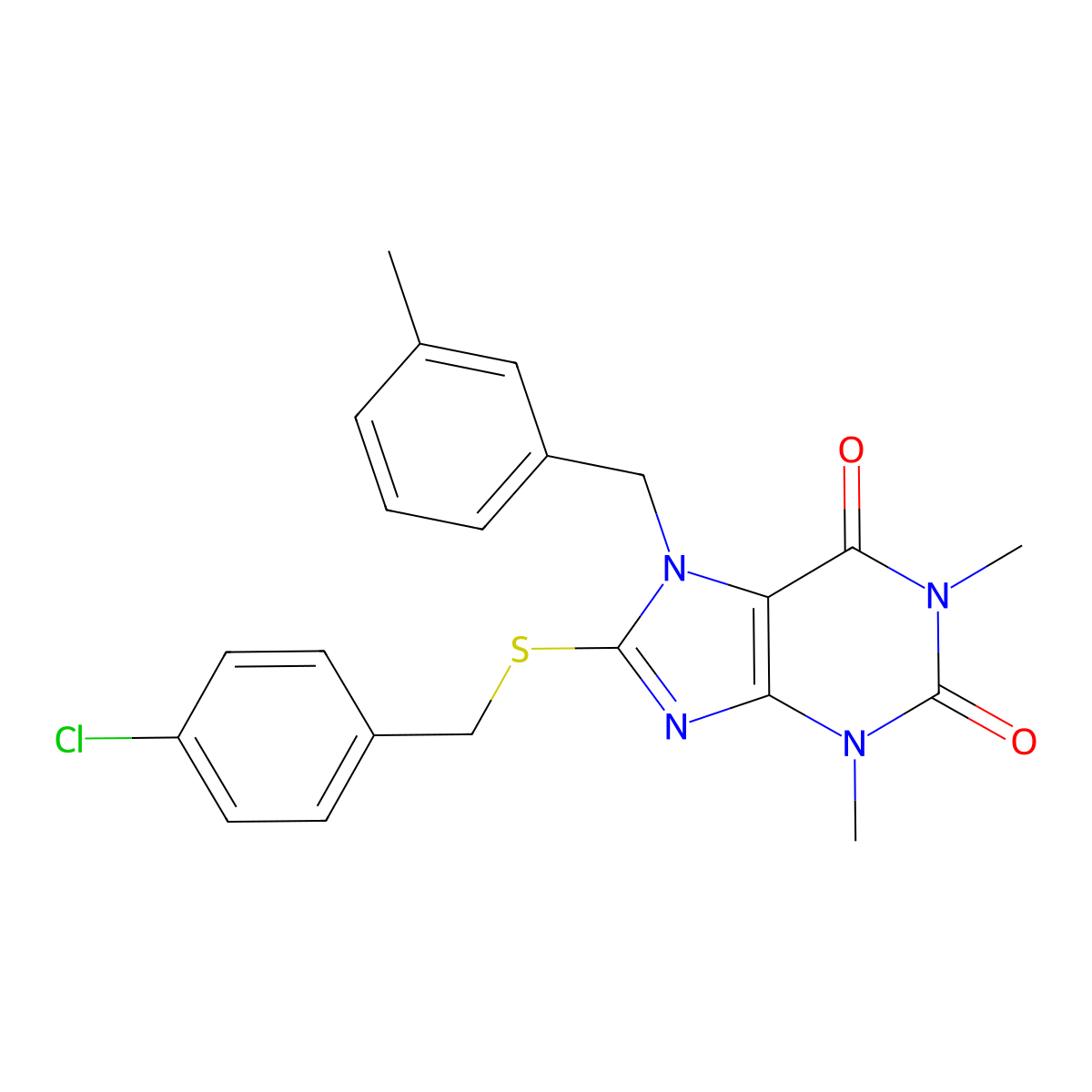 8-((4-chlorobenzyl)thio)-1,3-dimethyl-7-(3-methylbenzyl)-1H-purine-2,6(3H,7H)-dione molecular structure, CAS 376624-88-3